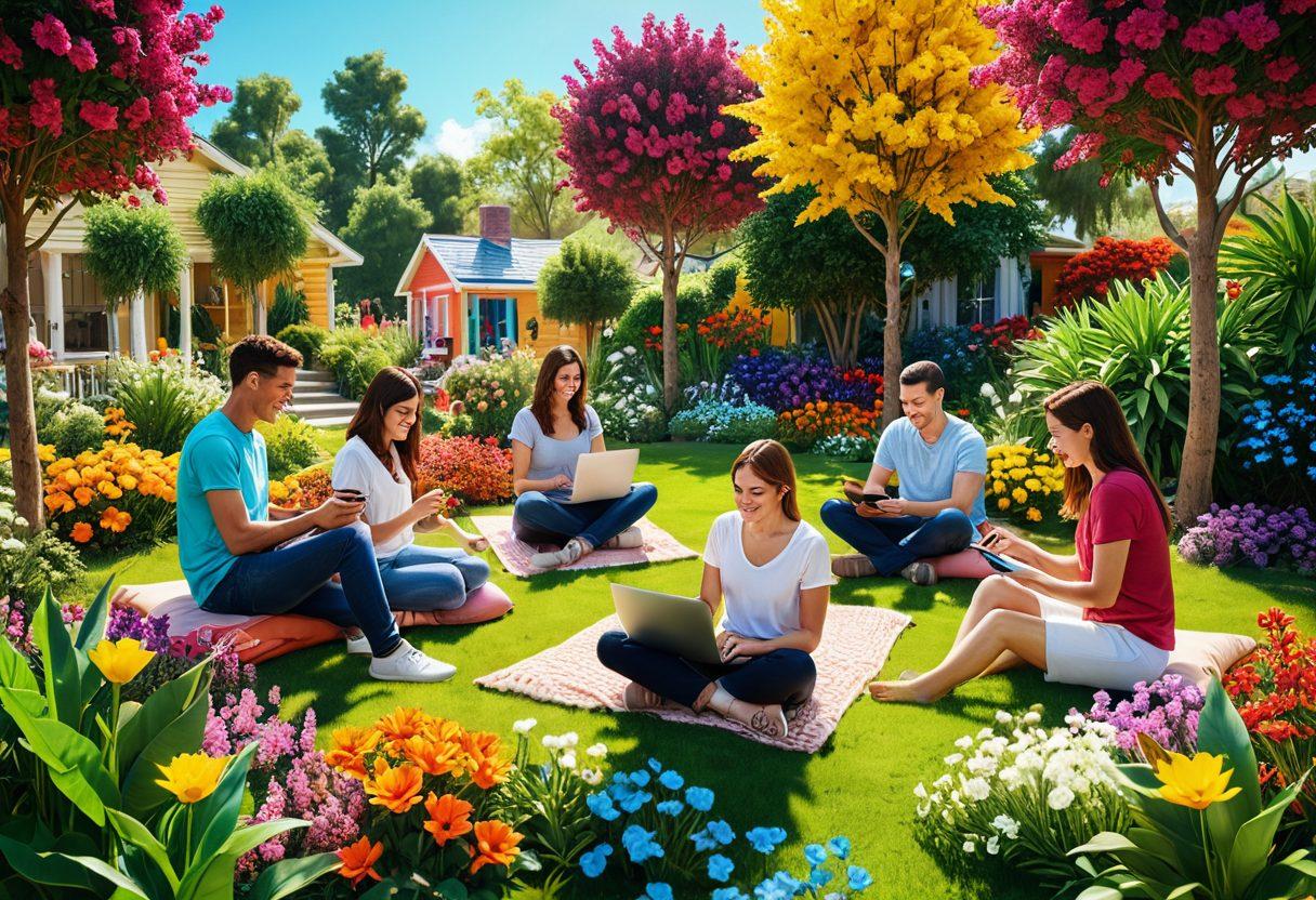 A vibrant online community depicted as a colorful digital garden, filled with diverse people joyfully interacting through their devices, surrounded by blooming flowers symbolizing well-being and growth. The background should show elements of a digital landscape with soft light and warmth, inviting positivity and connection. super-realistic. vibrant colors. 3D.