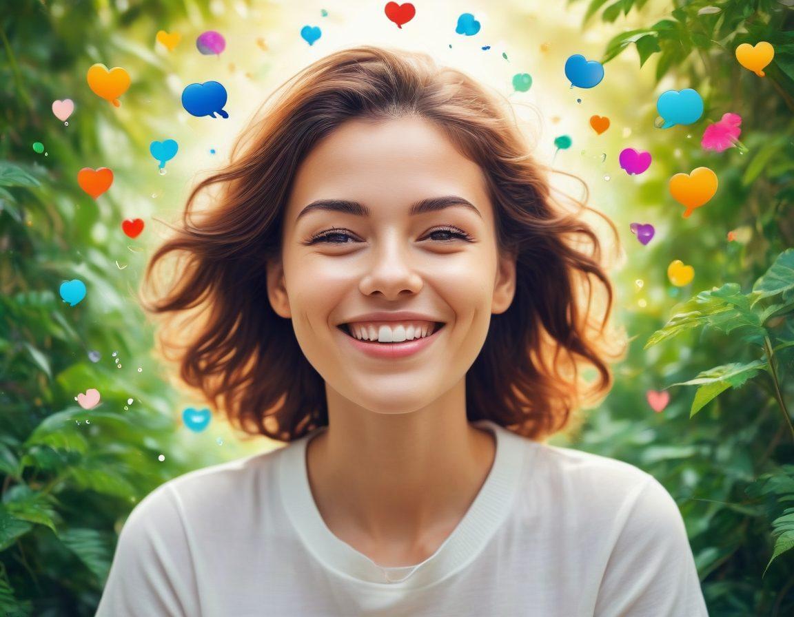 A joyful person surrounded by vibrant digital icons symbolizing online connections, radiating colorful beams of light to depict well-being. Lush greenery in the background to represent growth and positivity, while soft, warm tones convey comfort. The person's expression reflects happiness and serenity as they engage with their online network. pixel art. vibrant colors. white background.