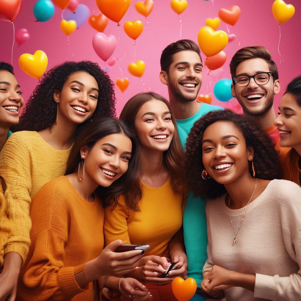 A vibrant scene depicting a diverse group of people connected through technology, smiling and sharing virtual moments. Show a warm, glowing atmosphere with elements of joy and support like hearts and chat bubbles floating around. Incorporate bright colors to symbolize elation, with each individual's unique environment blending into a collective digital space. Capture the essence of uplifting emotions in a cozy virtual gathering. super-realistic. vibrant colors. digital art.